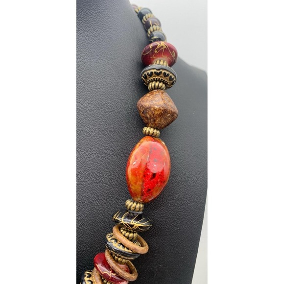Vintage Brass Tone Chunky Pretty Multi Color Beaded Boho Choker Necklace 14-17" - Picture 2 of 5
